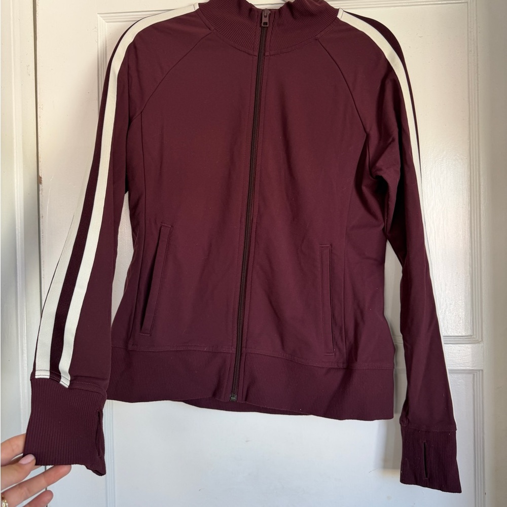 Athleta Burgundy Track Jacket with White Stripes